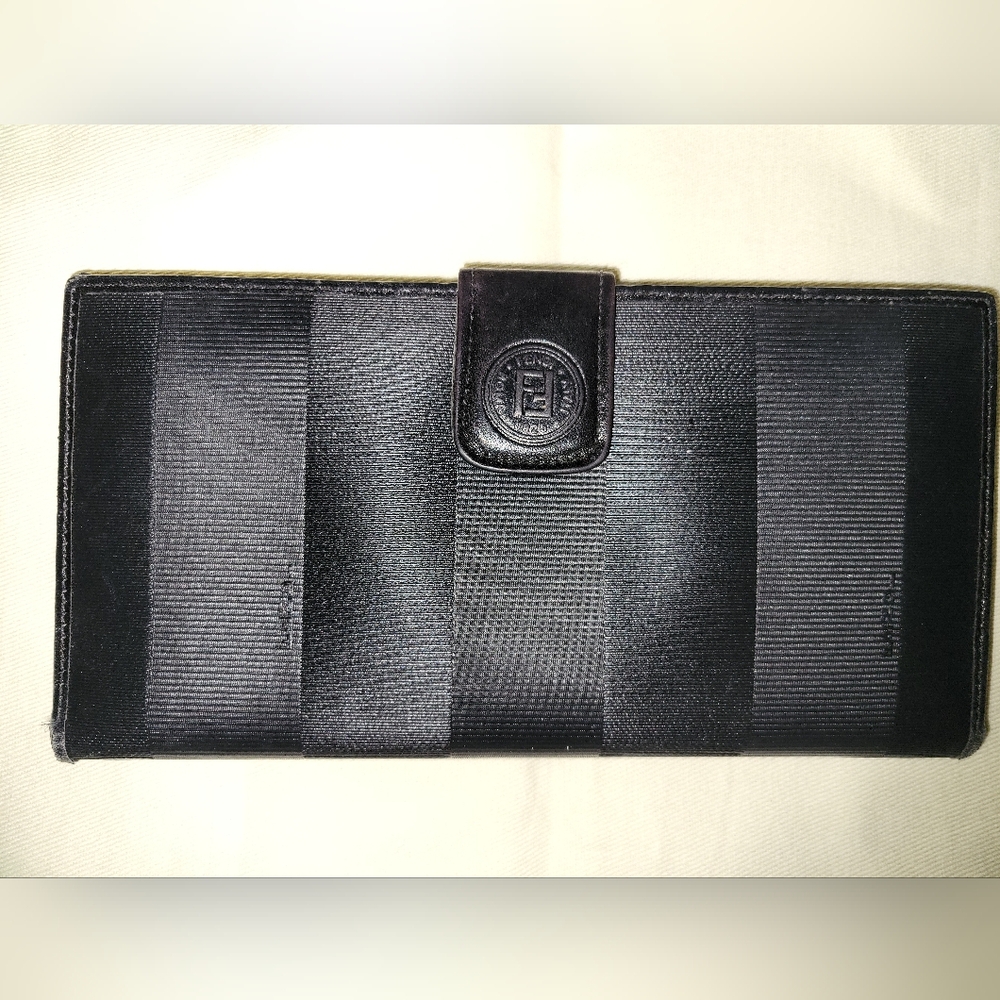 FENDI 1994 Black On Black Penguin Striped Long Wallet